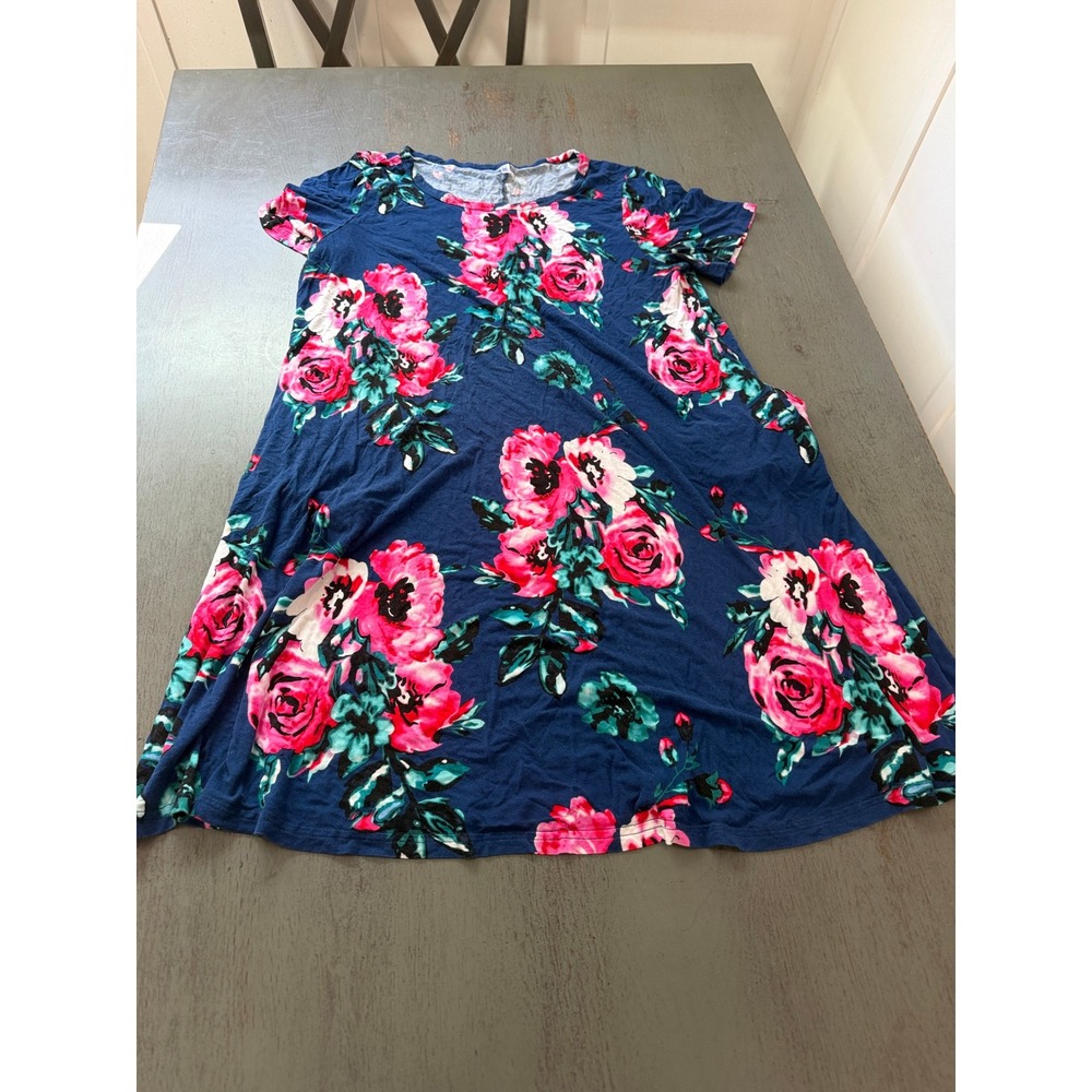 Korsis Womens XXL Floral T-Shirt Dress Navy Blue Pink Rose Short Sleeve Pockets